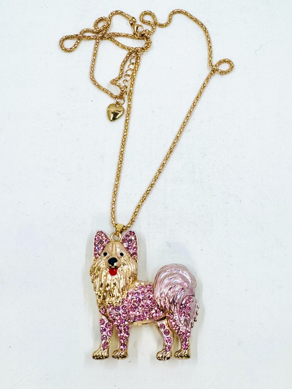 Betsey Johnson Vintage Gold-Tone Pink Rhinestone Husky Dog Pendant Necklace 28”